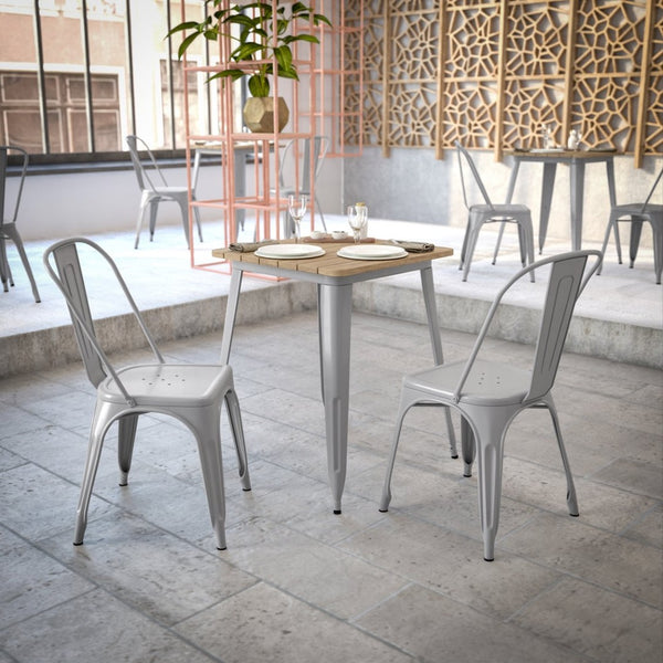 English Elm Declan Commercial-Grade Indoor/Outdoor Dining Table - Stylish, Durable, and Perfect for Small Spaces Brown Top/Silver Frame 23.75" Square JJ-T14619-60-BRSL-GG