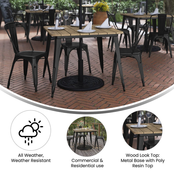 English Elm Declan Commercial Indoor/Outdoor Dining Table – Stylish, Durable, Easy-Clean Design for All Spaces Brown Top/Black Frame 36" Square JJ-T14619-90-BRBK-GG