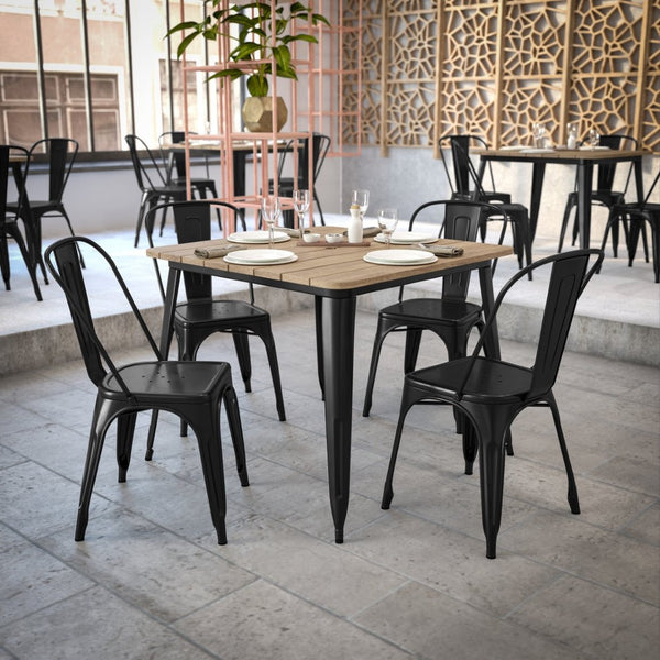 English Elm Declan Commercial Indoor/Outdoor Dining Table – Stylish, Durable, Easy-Clean Design for All Spaces Brown Top/Black Frame 36" Square JJ-T14619-90-BRBK-GG