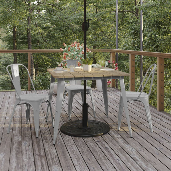 English Elm Declan Commercial Indoor/Outdoor Dining Table – Stylish, Durable, Easy-Clean Design for All Spaces Brown Top/Silver Frame 36" Square JJ-T14619-90-BRSL-GG