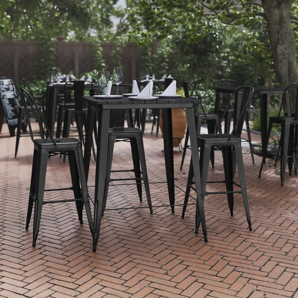 English Elm Declan Commercial Indoor/Outdoor Bar Table - Stylish, Durable Design for Dining and Lounging Spaces Black Top/Black Frame 31.5" Square JJ-T14619H-80-BKBK-GG