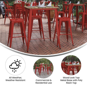 English Elm Declan Commercial Indoor/Outdoor Bar Table - Stylish, Durable Design for Dining and Lounging Spaces Brown Top/Red Frame 31.5" Square JJ-T14619H-80-BRRD-GG
