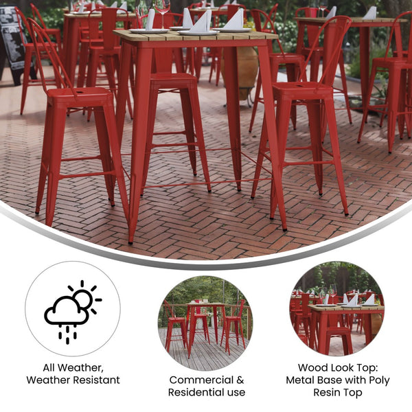 English Elm Declan Commercial Indoor/Outdoor Bar Table - Stylish, Durable Design for Dining and Lounging Spaces Brown Top/Red Frame 31.5" Square JJ-T14619H-80-BRRD-GG