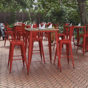 English Elm Declan Commercial Indoor/Outdoor Bar Table - Stylish, Durable Design for Dining and Lounging Spaces Brown Top/Red Frame 31.5" Square JJ-T14619H-80-BRRD-GG