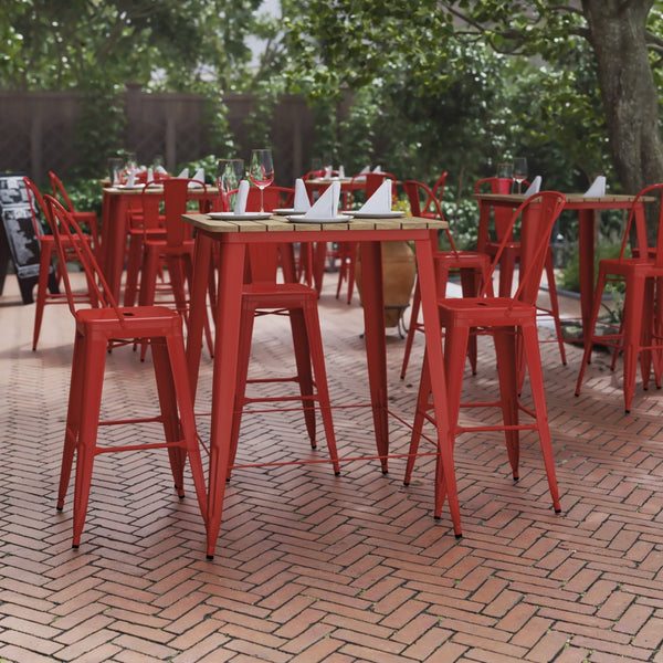 English Elm Declan Commercial Indoor/Outdoor Bar Table - Stylish, Durable Design for Dining and Lounging Spaces Brown Top/Red Frame 31.5" Square JJ-T14619H-80-BRRD-GG
