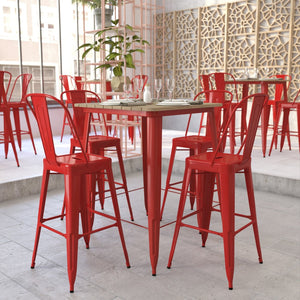 English Elm Declan Commercial Indoor/Outdoor Bar Table - Stylish, Durable Design for Dining and Lounging Spaces Brown Top/Red Frame 31.5" Square JJ-T14619H-80-BRRD-GG