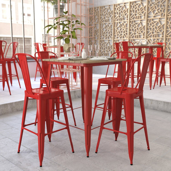 English Elm Declan Commercial Indoor/Outdoor Bar Table - Stylish, Durable Design for Dining and Lounging Spaces Brown Top/Red Frame 31.5" Square JJ-T14619H-80-BRRD-GG