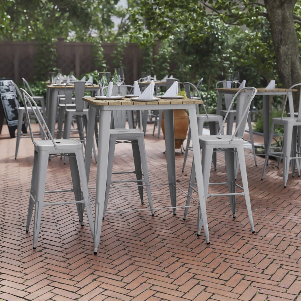 English Elm Declan Commercial Indoor/Outdoor Bar Table - Stylish, Durable Design for Dining and Lounging Spaces Brown Top/Silver Frame 31.5" Square JJ-T14619H-80-BRSL-GG