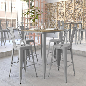 English Elm Declan Commercial Indoor/Outdoor Bar Table - Stylish, Durable Design for Dining and Lounging Spaces Brown Top/Silver Frame 31.5" Square JJ-T14619H-80-BRSL-GG