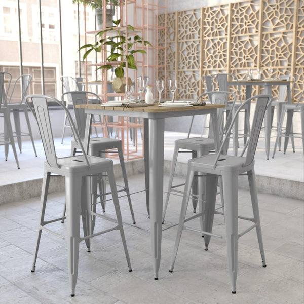 English Elm Declan Commercial Indoor/Outdoor Bar Table - Stylish, Durable Design for Dining and Lounging Spaces Brown Top/Silver Frame 31.5" Square JJ-T14619H-80-BRSL-GG