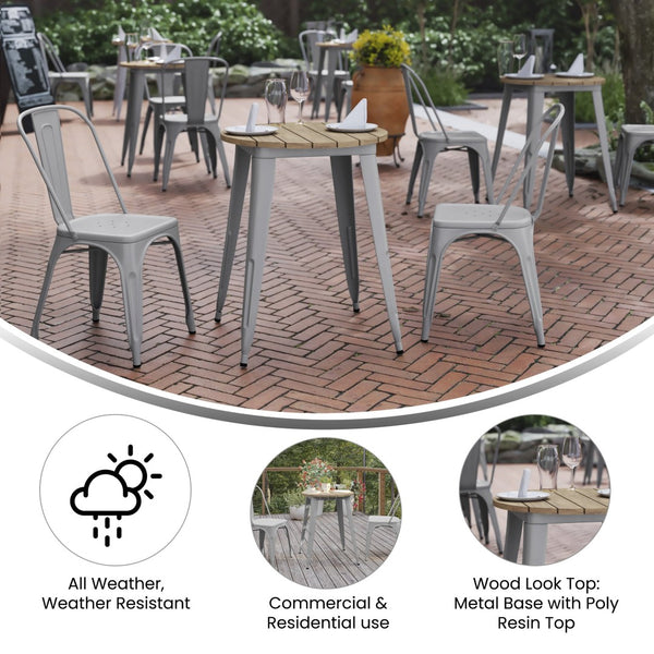 English Elm Declan Commercial Grade Indoor/Outdoor Dining Table - Durable, Stylish, and Easy to Clean Solution Brown Top/Silver Frame 23.75" Round JJ-T14623-60-BRSL-GG