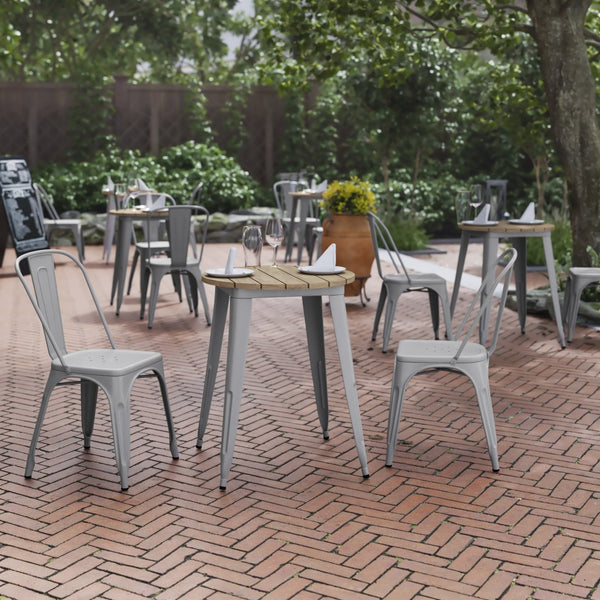 English Elm Declan Commercial Grade Indoor/Outdoor Dining Table - Durable, Stylish, and Easy to Clean Solution Brown Top/Silver Frame 23.75" Round JJ-T14623-60-BRSL-GG