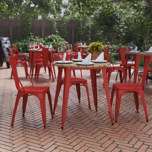 English Elm Declan Commercial-Grade Indoor/Outdoor Dining Table - Durable, Stylish & Easy to Maintain for All Seasons Brown Top/Red Frame 30" Round JJ-T14623-80-BRRD-GG