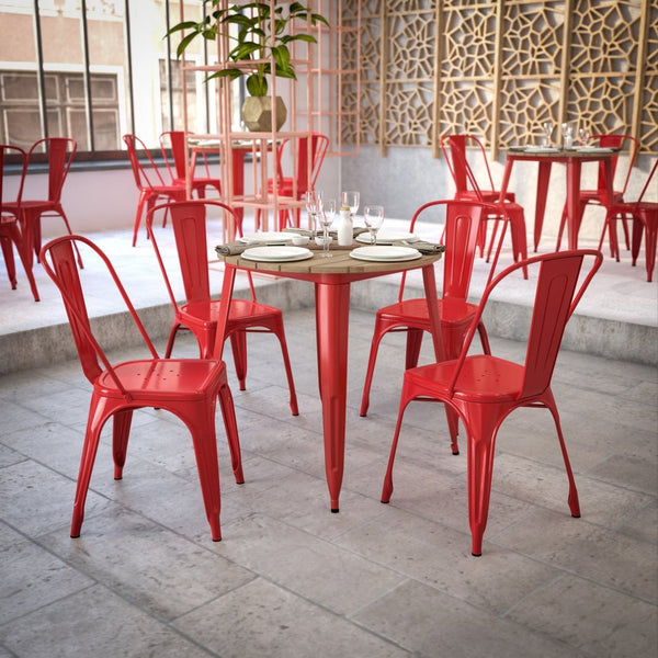 English Elm Declan Commercial-Grade Indoor/Outdoor Dining Table - Durable, Stylish & Easy to Maintain for All Seasons Brown Top/Red Frame 30" Round JJ-T14623-80-BRRD-GG