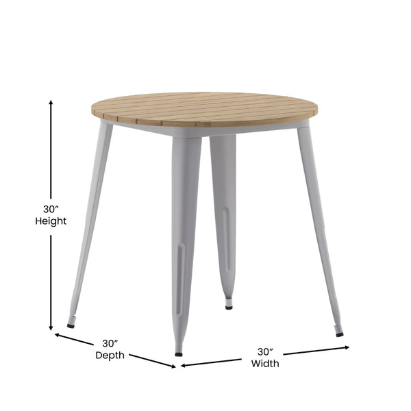 English Elm Declan Commercial-Grade Indoor/Outdoor Dining Table - Durable, Stylish & Easy to Maintain for All Seasons Brown Top/Silver Frame 30" Round JJ-T14623-80-BRSL-GG