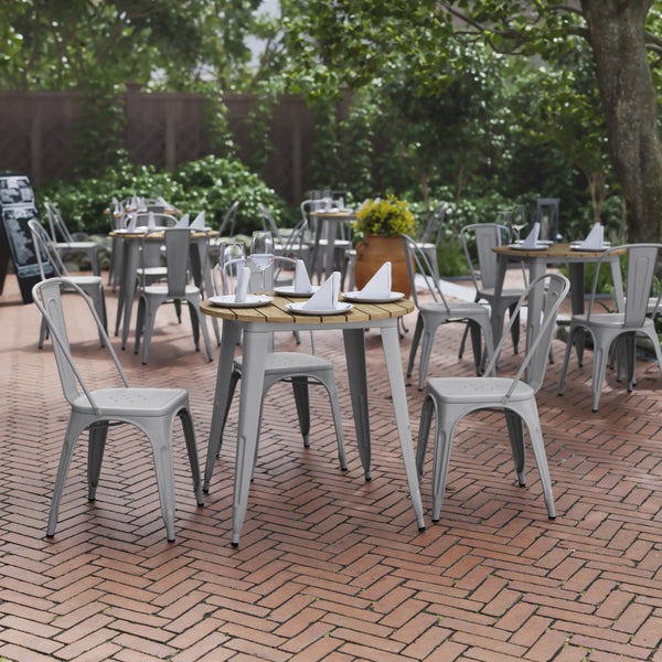 English Elm Declan Commercial-Grade Indoor/Outdoor Dining Table - Durable, Stylish & Easy to Maintain for All Seasons Brown Top/Silver Frame 30" Round JJ-T14623-80-BRSL-GG