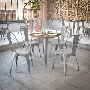 English Elm Declan Commercial-Grade Indoor/Outdoor Dining Table - Durable, Stylish & Easy to Maintain for All Seasons Brown Top/Silver Frame 30" Round JJ-T14623-80-BRSL-GG