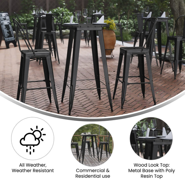 English Elm Declan Commercial Indoor/Outdoor Bar Height Table – Stylish, Durable Design for Versatile Spaces Black Top/Black Frame 23.75" Round JJ-T14623H-60-BKBK-GG