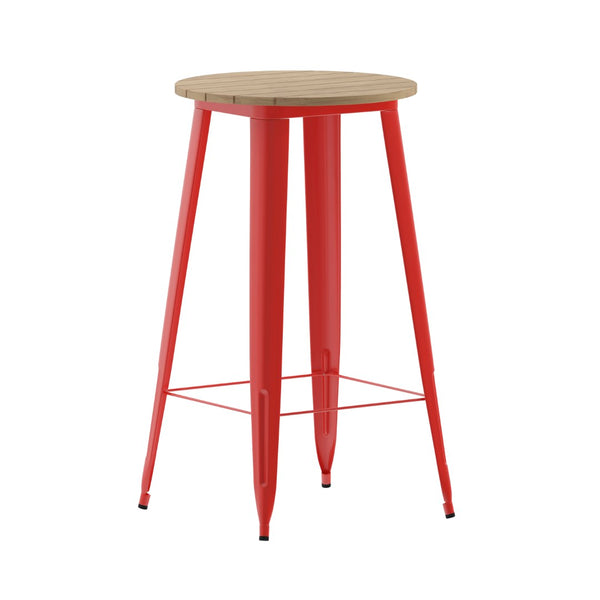 English Elm Declan Commercial Indoor/Outdoor Bar Height Table – Stylish, Durable Design for Versatile Spaces Brown Top/Red Frame 23.75" Round JJ-T14623H-60-BRRD-GG