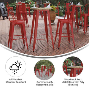 English Elm Declan Commercial Indoor/Outdoor Bar Height Table – Stylish, Durable Design for Versatile Spaces Brown Top/Red Frame 23.75" Round JJ-T14623H-60-BRRD-GG