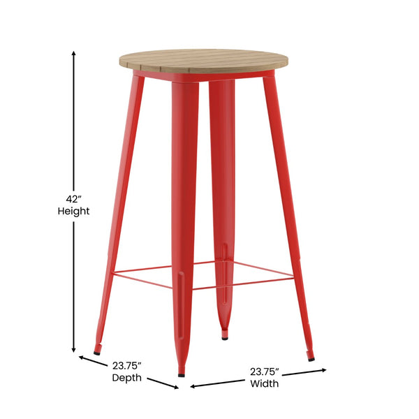 English Elm Declan Commercial Indoor/Outdoor Bar Height Table – Stylish, Durable Design for Versatile Spaces Brown Top/Red Frame 23.75" Round JJ-T14623H-60-BRRD-GG