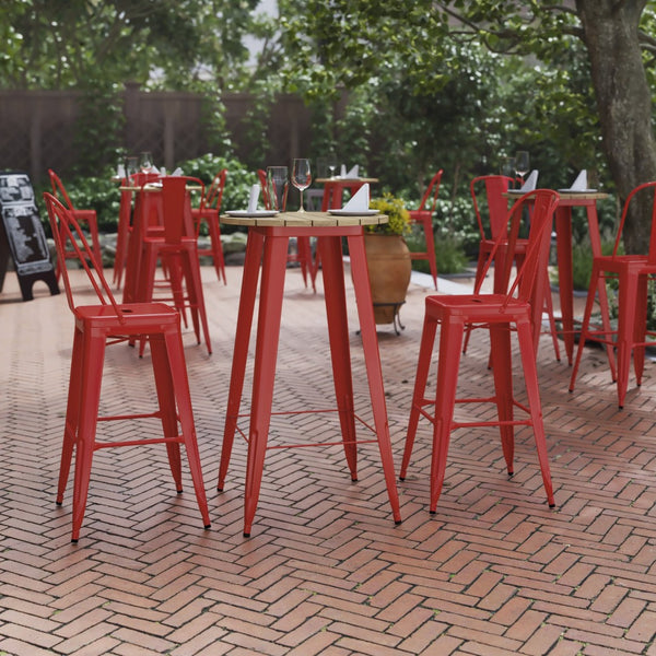English Elm Declan Commercial Indoor/Outdoor Bar Height Table – Stylish, Durable Design for Versatile Spaces Brown Top/Red Frame 23.75" Round JJ-T14623H-60-BRRD-GG