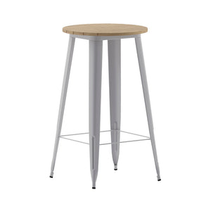 English Elm Declan Commercial Indoor/Outdoor Bar Height Table – Stylish, Durable Design for Versatile Spaces Brown Top/Silver Frame 23.75" Round JJ-T14623H-60-BRSL-GG