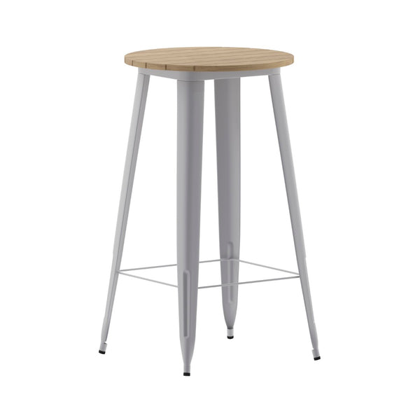 English Elm Declan Commercial Indoor/Outdoor Bar Height Table – Stylish, Durable Design for Versatile Spaces Brown Top/Silver Frame 23.75" Round JJ-T14623H-60-BRSL-GG