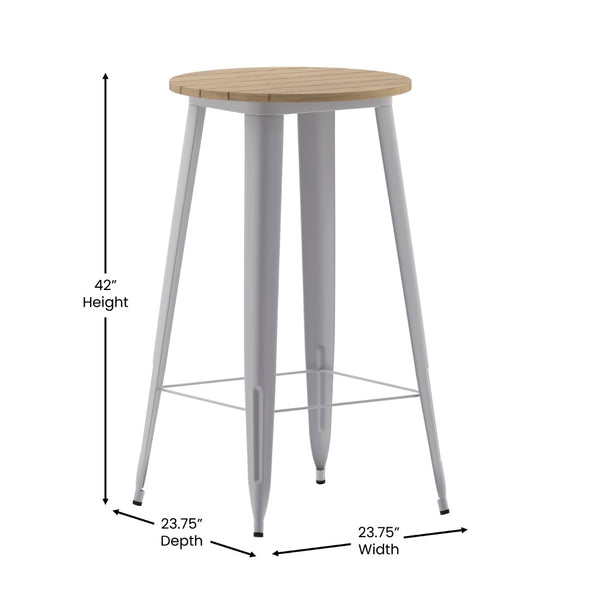 English Elm Declan Commercial Indoor/Outdoor Bar Height Table – Stylish, Durable Design for Versatile Spaces Brown Top/Silver Frame 23.75" Round JJ-T14623H-60-BRSL-GG