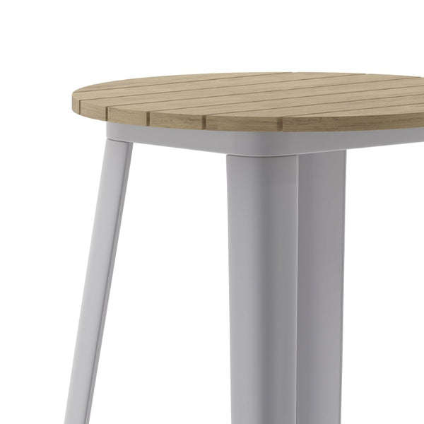 English Elm Declan Commercial Indoor/Outdoor Bar Height Table – Stylish, Durable Design for Versatile Spaces Brown Top/Silver Frame 23.75" Round JJ-T14623H-60-BRSL-GG