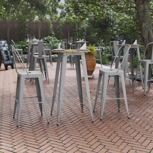 English Elm Declan Commercial Indoor/Outdoor Bar Height Table – Stylish, Durable Design for Versatile Spaces Brown Top/Silver Frame 23.75" Round JJ-T14623H-60-BRSL-GG