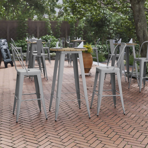 English Elm Declan Commercial Indoor/Outdoor Bar Height Table – Stylish, Durable Design for Versatile Spaces Brown Top/Silver Frame 23.75" Round JJ-T14623H-60-BRSL-GG