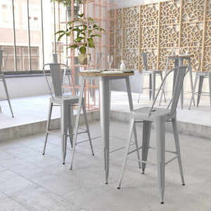 English Elm Declan Commercial Indoor/Outdoor Bar Height Table – Stylish, Durable Design for Versatile Spaces Brown Top/Silver Frame 23.75" Round JJ-T14623H-60-BRSL-GG