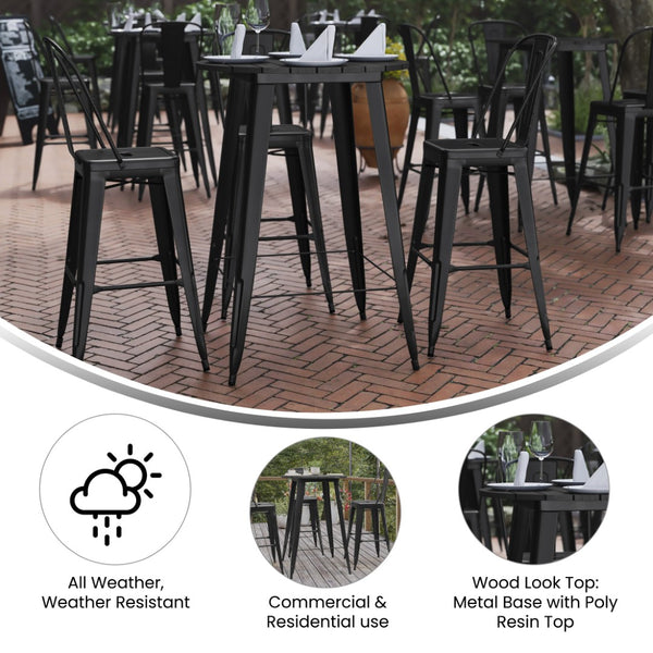 English Elm Declan Commercial Bar Height Table - Stylish All-Weather Poly Resin Top with Durable Steel Base Black Top/Black Frame 30" Round JJ-T14623H-76-BKBK-GG