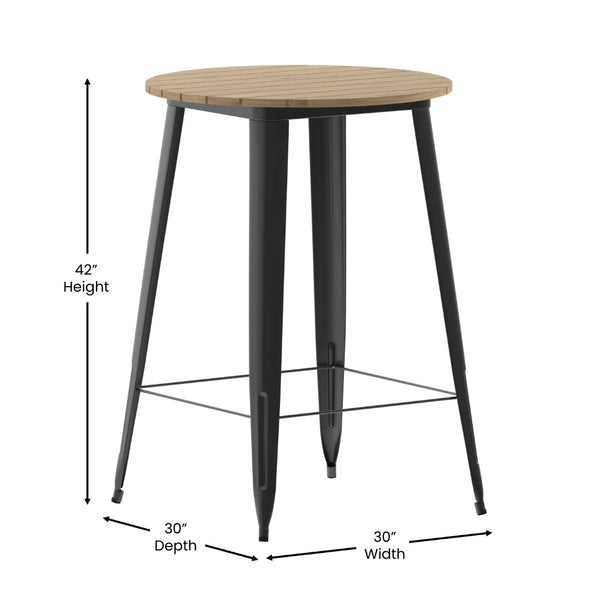 English Elm Declan Commercial Bar Height Table - Stylish All-Weather Poly Resin Top with Durable Steel Base Brown Top/Black Frame 30" Round JJ-T14623H-76-BRBK-GG