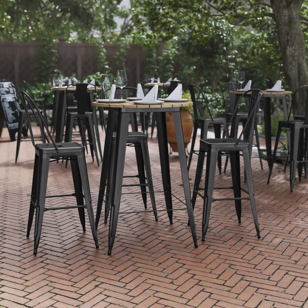 English Elm Declan Commercial Bar Height Table - Stylish All-Weather Poly Resin Top with Durable Steel Base Brown Top/Black Frame 30" Round JJ-T14623H-76-BRBK-GG