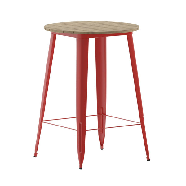 English Elm Declan Commercial Bar Height Table - Stylish All-Weather Poly Resin Top with Durable Steel Base Brown Top/Red Frame 30" Round JJ-T14623H-76-BRRD-GG