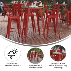 English Elm Declan Commercial Bar Height Table - Stylish All-Weather Poly Resin Top with Durable Steel Base Brown Top/Red Frame 30" Round JJ-T14623H-76-BRRD-GG
