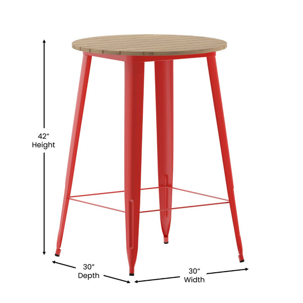 English Elm Declan Commercial Bar Height Table - Stylish All-Weather Poly Resin Top with Durable Steel Base Brown Top/Red Frame 30" Round JJ-T14623H-76-BRRD-GG