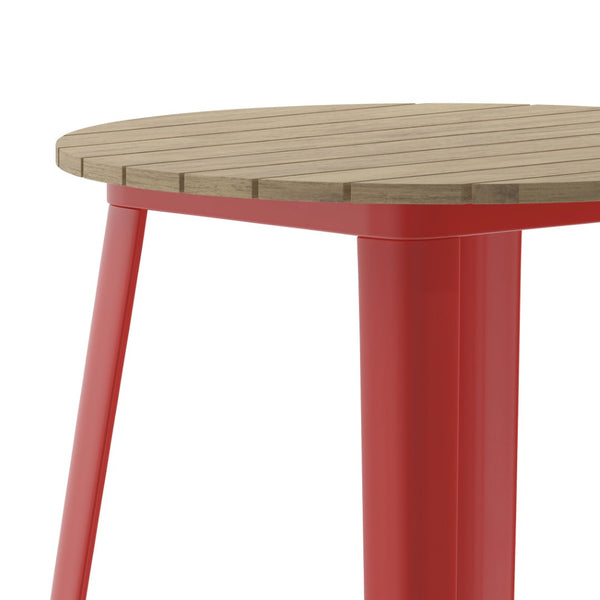 English Elm Declan Commercial Bar Height Table - Stylish All-Weather Poly Resin Top with Durable Steel Base Brown Top/Red Frame 30" Round JJ-T14623H-76-BRRD-GG