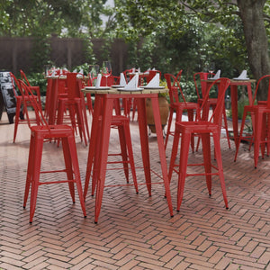 English Elm Declan Commercial Bar Height Table - Stylish All-Weather Poly Resin Top with Durable Steel Base Brown Top/Red Frame 30" Round JJ-T14623H-76-BRRD-GG