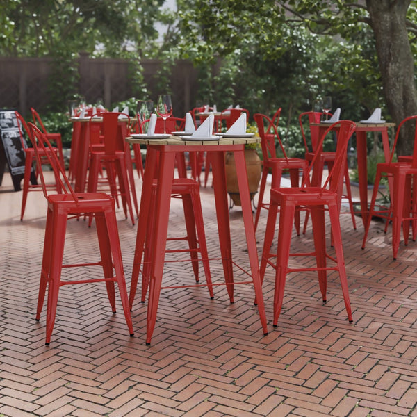 English Elm Declan Commercial Bar Height Table - Stylish All-Weather Poly Resin Top with Durable Steel Base Brown Top/Red Frame 30" Round JJ-T14623H-76-BRRD-GG