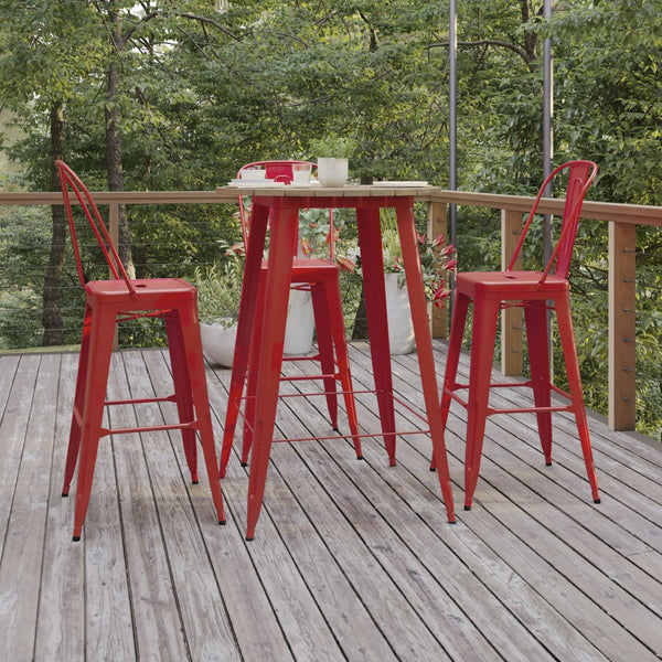 English Elm Declan Commercial Bar Height Table - Stylish All-Weather Poly Resin Top with Durable Steel Base Brown Top/Red Frame 30" Round JJ-T14623H-76-BRRD-GG