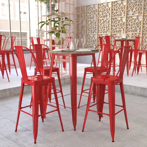 English Elm Declan Commercial Bar Height Table - Stylish All-Weather Poly Resin Top with Durable Steel Base Brown Top/Red Frame 30" Round JJ-T14623H-76-BRRD-GG