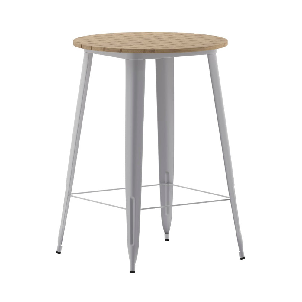 English Elm Declan Commercial Bar Height Table - Stylish All-Weather Poly Resin Top with Durable Steel Base Brown Top/Silver Frame 30" Round JJ-T14623H-76-BRSL-GG