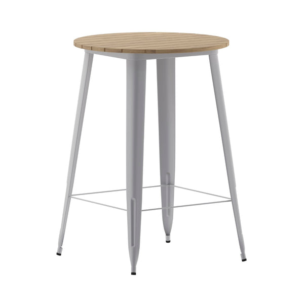 English Elm Declan Commercial Bar Height Table - Stylish All-Weather Poly Resin Top with Durable Steel Base Brown Top/Silver Frame 30" Round JJ-T14623H-76-BRSL-GG