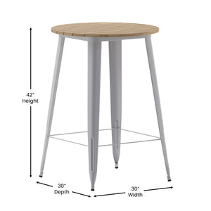 English Elm Declan Commercial Bar Height Table - Stylish All-Weather Poly Resin Top with Durable Steel Base Brown Top/Silver Frame 30" Round JJ-T14623H-76-BRSL-GG