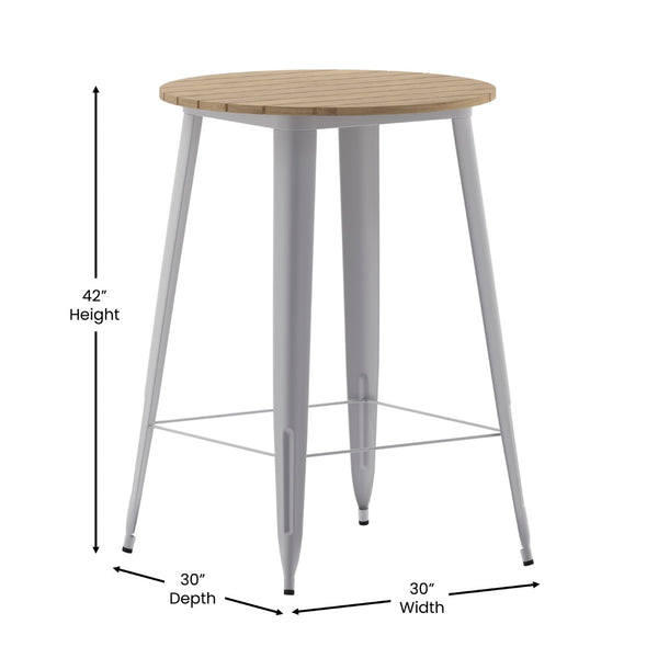 English Elm Declan Commercial Bar Height Table - Stylish All-Weather Poly Resin Top with Durable Steel Base Brown Top/Silver Frame 30" Round JJ-T14623H-76-BRSL-GG