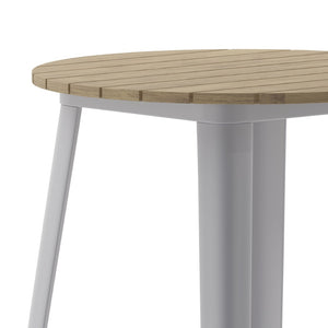 English Elm Declan Commercial Bar Height Table - Stylish All-Weather Poly Resin Top with Durable Steel Base Brown Top/Silver Frame 30" Round JJ-T14623H-76-BRSL-GG