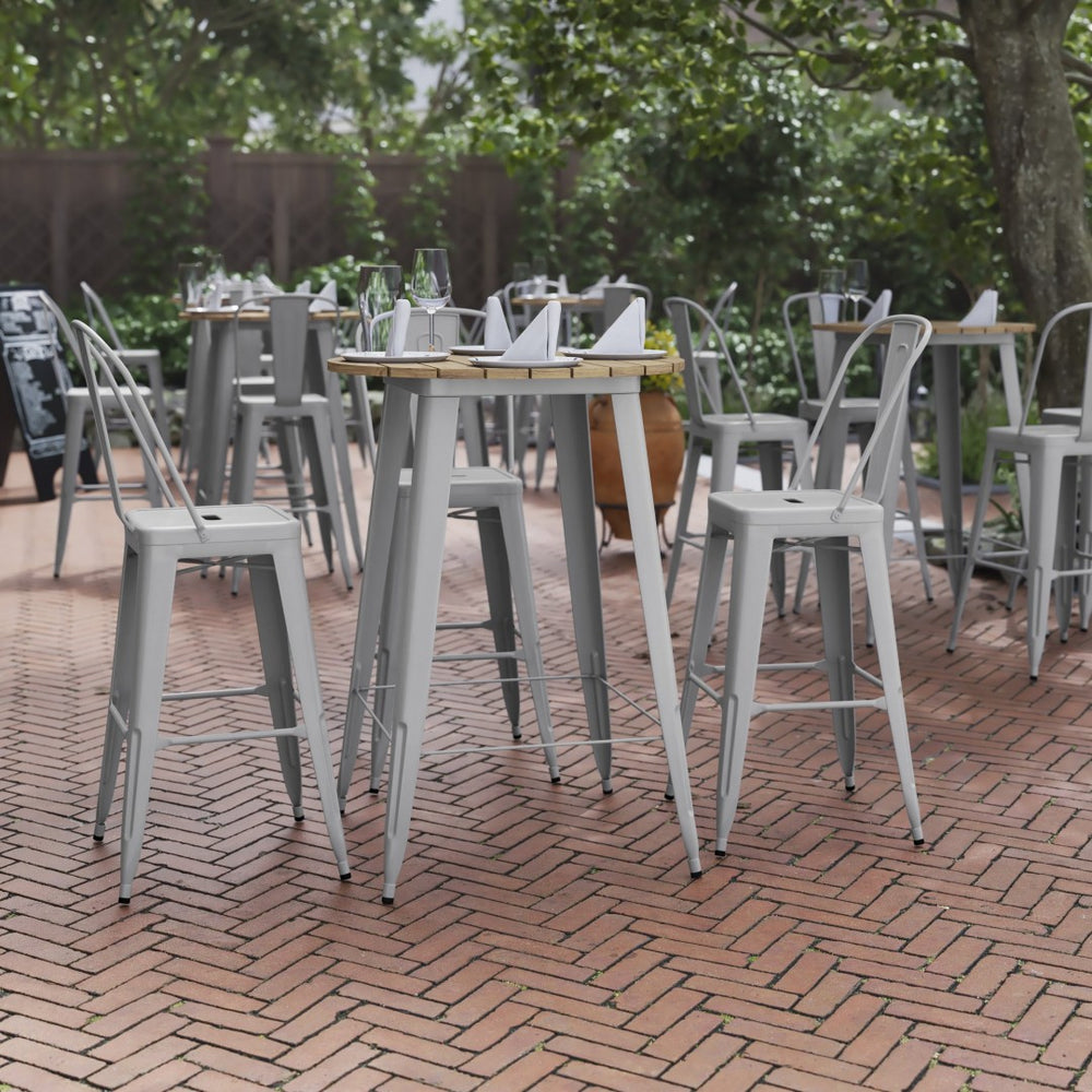 English Elm Declan Commercial Bar Height Table - Stylish All-Weather Poly Resin Top with Durable Steel Base Brown Top/Silver Frame 30" Round JJ-T14623H-76-BRSL-GG